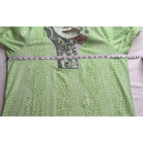 Quacker Factory Large Green White Tunic Silver Sequined Trim At Neck - Picture 7 of 11